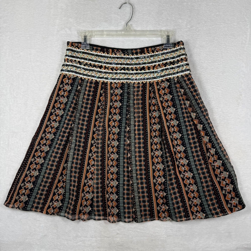 Free People Silk Geometric Tribal Print Sequin Embellished Mini Skirt Size 6